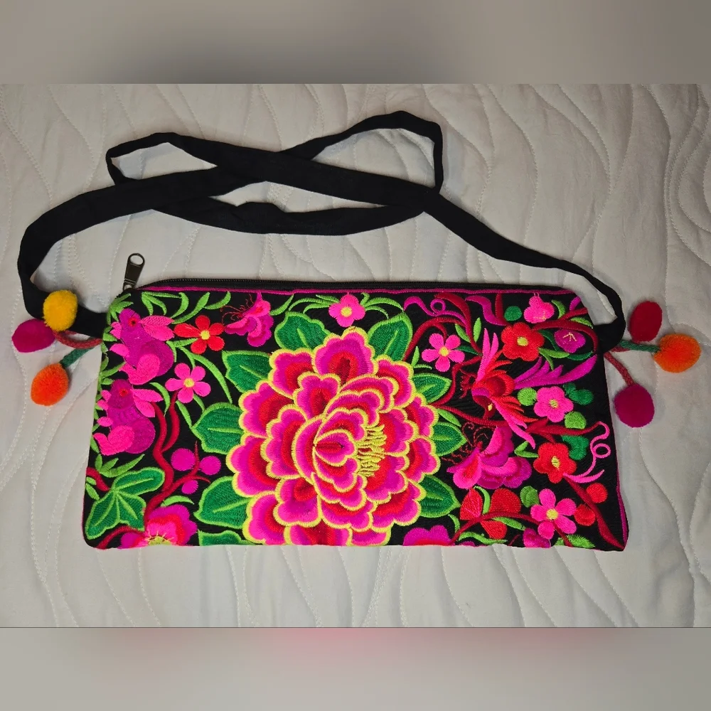 Hand Embroidered Purse In Bright Colors W Tassels,Straps, Zip Close, Lined, NWOT